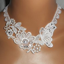 Collar de ceremonia de flores y mariposas de encaje blanco con cristal de Swarovski y perlas