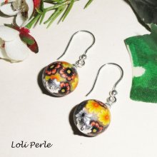 Pendientes cuenta de arcilla gris/amarilla florecida en plata 925