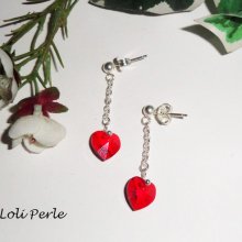 Pendientes con cadena corazón Swarovski rojo, plata 925