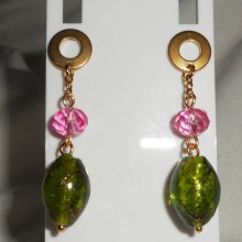 Pendientes de cristal y vidrio verde y rosa