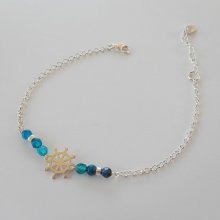 Pulsera de piedra de ágata azul con timón en cadena de plata 925