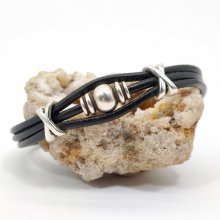 Pulsera de cuero para hombre con cuenta de metal plateado