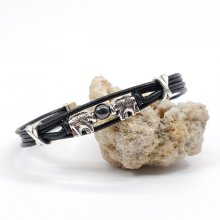 Pulsera elefante con piedra sobre cordones de cuero negro 