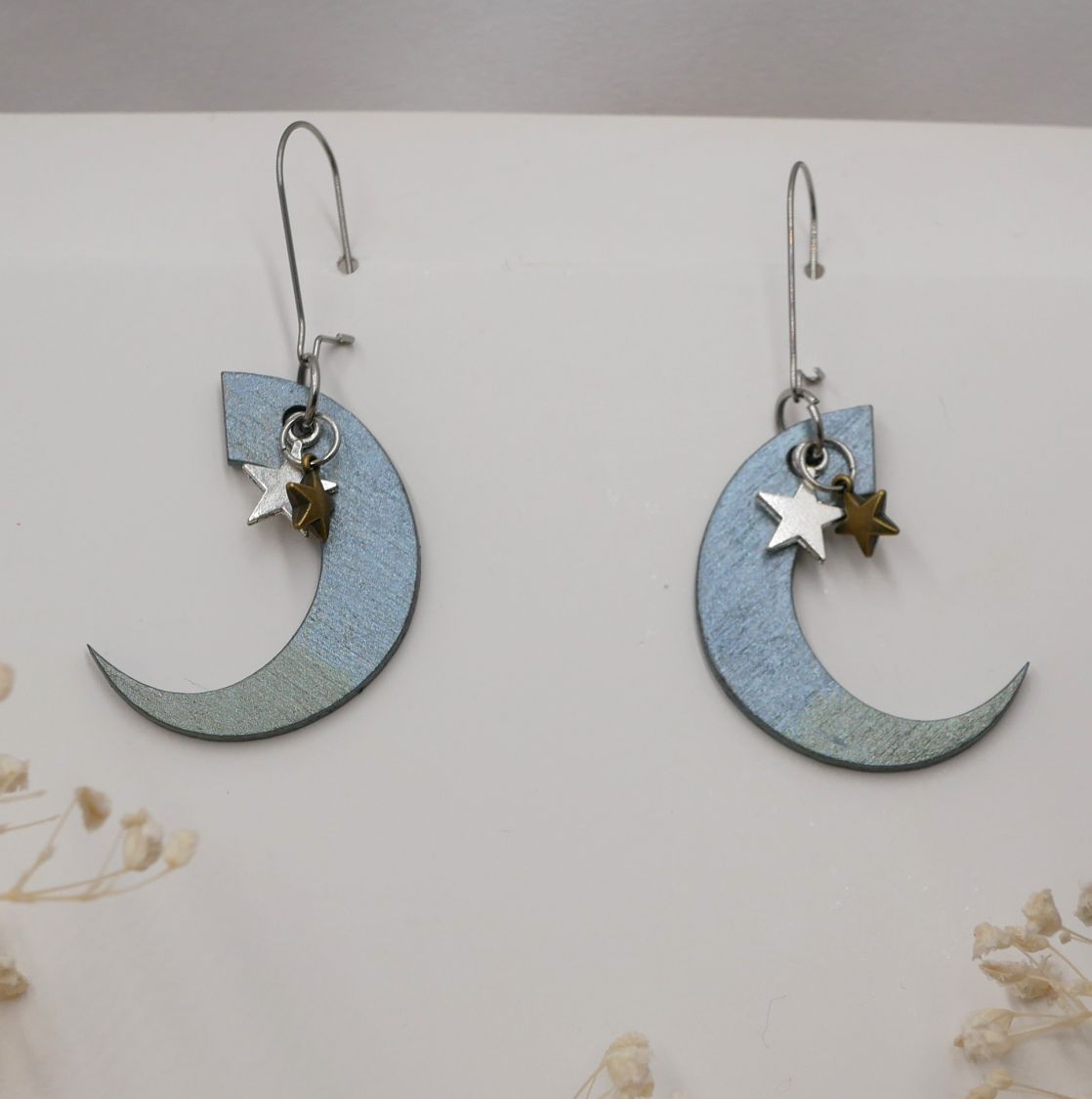 Pendientes luna de madera y estrella de plata 