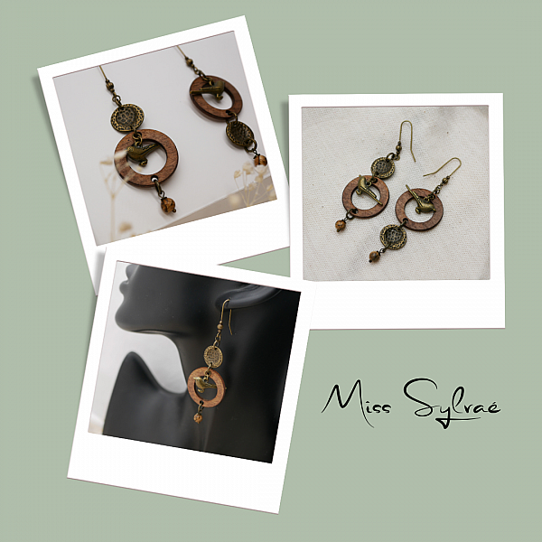 Pendientes de madera con p&aacute;jaros de lat&oacute;n