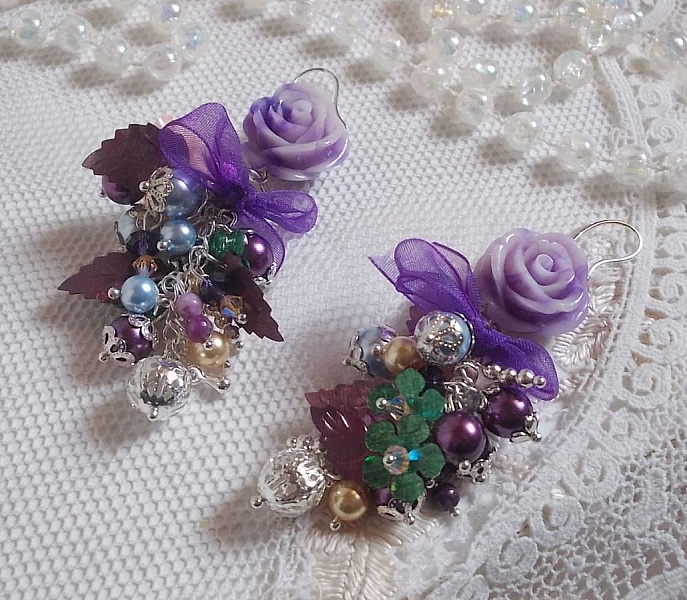 BO Bell'issim Violet et ivoire  avec des beaux Cristaux et perles semi-pr&eacute;cieuses