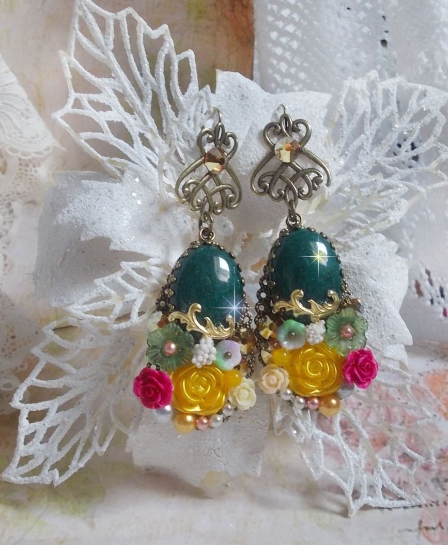 BO Flores de Jade creadas con cabujones ovalados de Jade de Malasia, cristales de Swarovski, cuentas de resina, flores de cristal con accesorios de calidad 