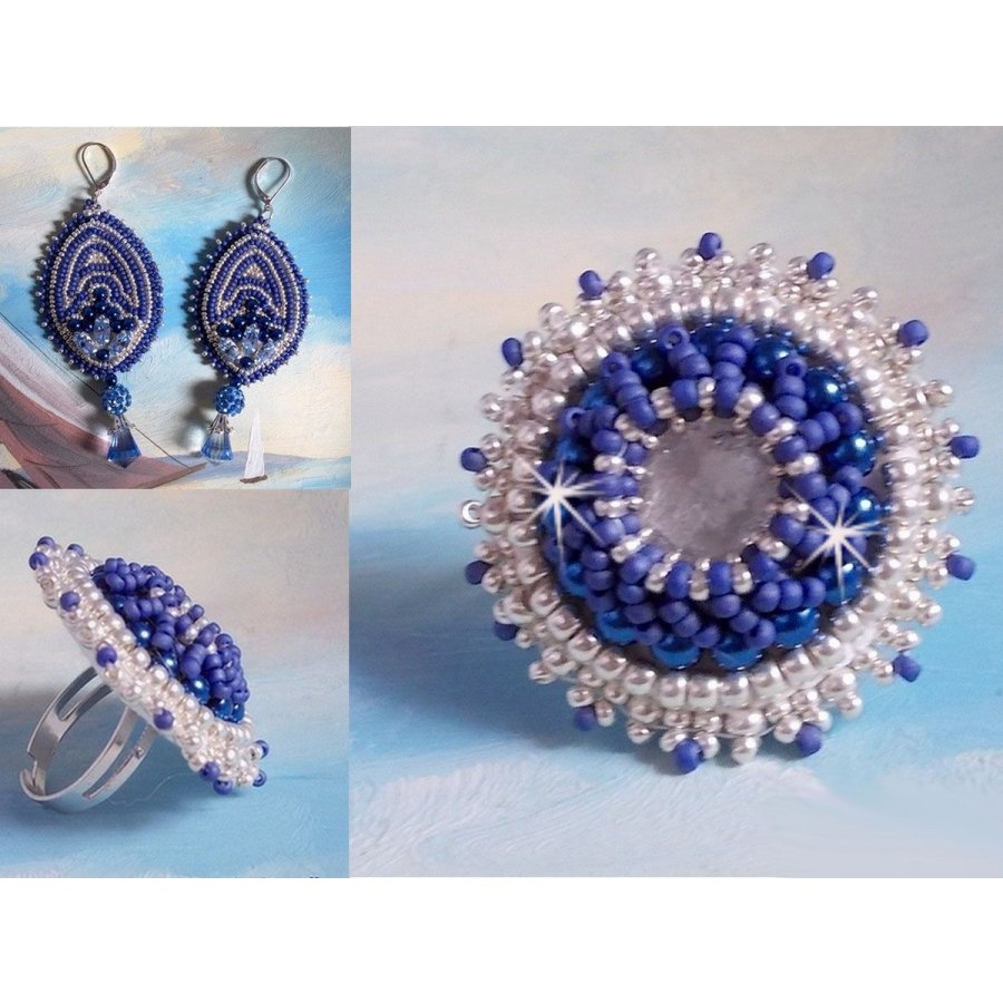 BO Azul Marino bordado con cristales de Swarovski, cuentas de vidrio redondas y cuentas de rocalla Miyuki