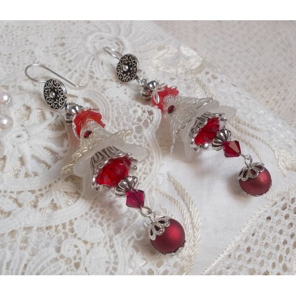 BO Tendre Rouge con cristales de Swarovski, cuentas facetadas redondas y pendientes de plata 925/1000
