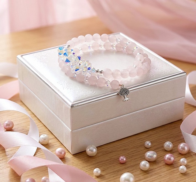 Bracelet Carrousel en Quartz cr&eacute;&eacute; avec pierres de gemme : le Quartz, breloque arbre de vie et perles Cristal Swarovski