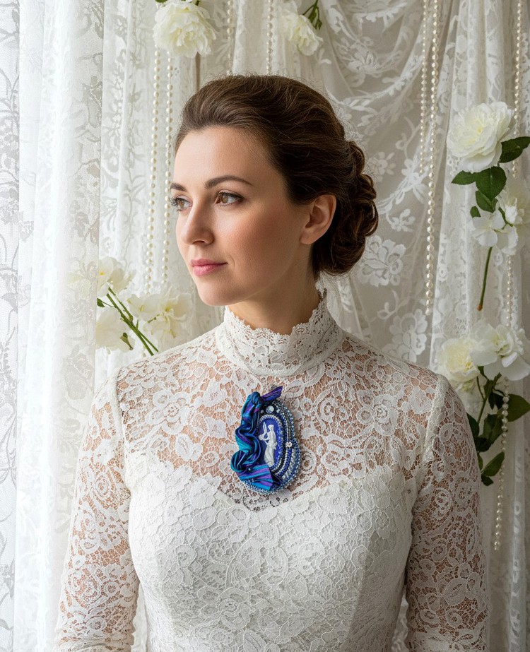 Pendentif Corne d&rsquo;Abondance brod&eacute; avec cabochon porcelaine, soie, sequins, rocailles et perles Cristal Swarovski