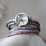 Reloj con doble correa de piel metalizada rosa para personalizar 