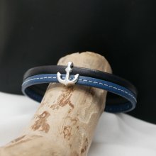 Pulsera de caballero de cuero azul dúo con pespuntes Ancla azul marino personalizable 