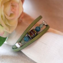 Pulsera de cuero verde turquesa y cuentas de cerámica para mujer personalizable 