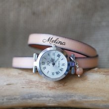 Reloj pulsera de piel 2 vueltas personalizable con esfera plateada