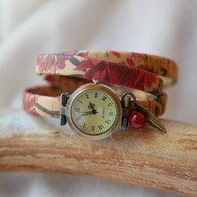 Reloj pulsera corcho floreado 3 vueltas con charm perla roja 