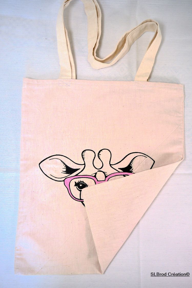 Tote Bag bordado jirafa con gafas rosa personalizable