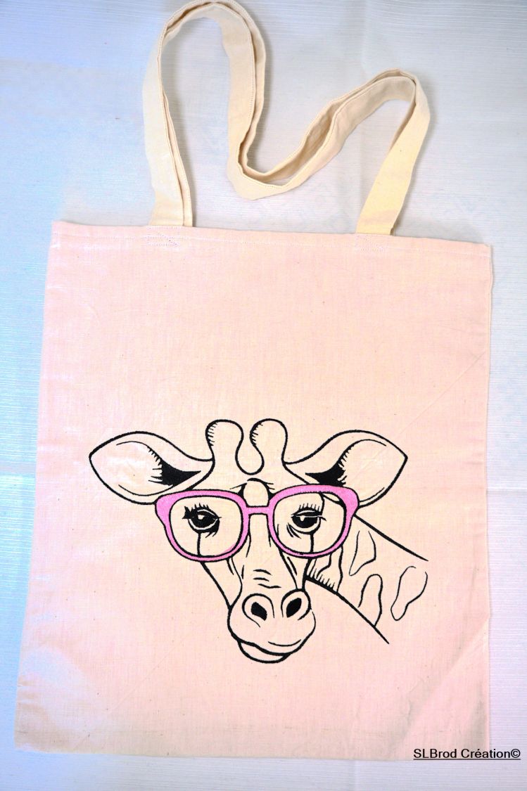 Tote Bag bordado jirafa con gafas rosa personalizable